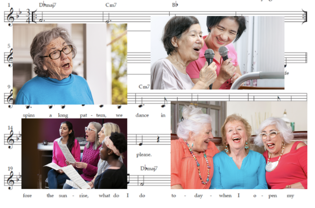 A sheet of music can be seen in the background. In the foreground are 4 images of older women singing. One of the images is of one woman in her 70s. She is wearing glasses and a bright blue sweater. The other images show groups of older women. Several are Asian, some are causasion and one is African-American. The sheet music is of the song that was created by the residents of Lyngblomsten Stew.